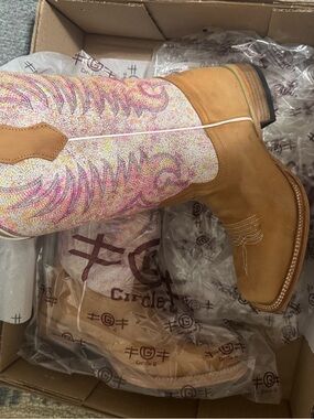 Circle G Tan Leather Western Boots with Pink Multicolor Embroidered Shaft